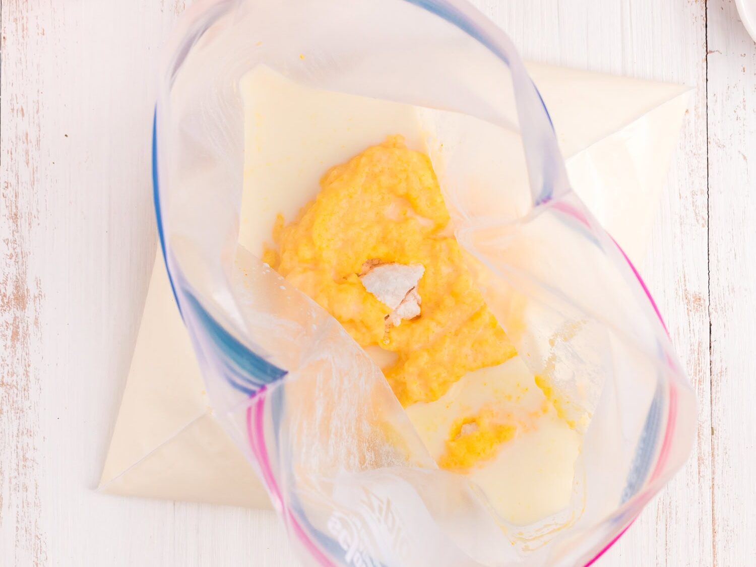 Wet ingredients for Pumpkin Pie in a Bag in gallon zip lock bag