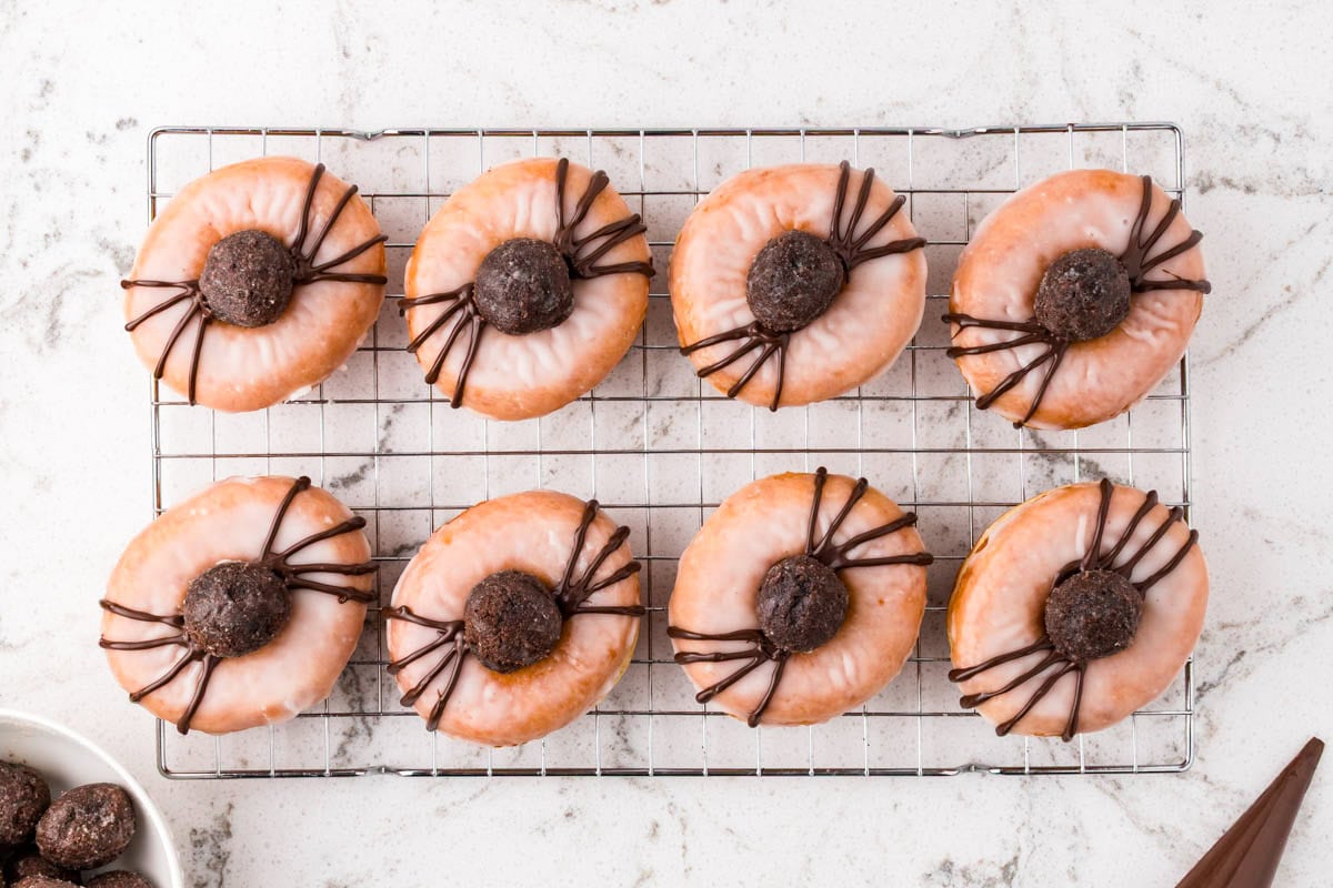 Glazed donuts topped with chocolate truffle spider bodies and piped chocolate legs.